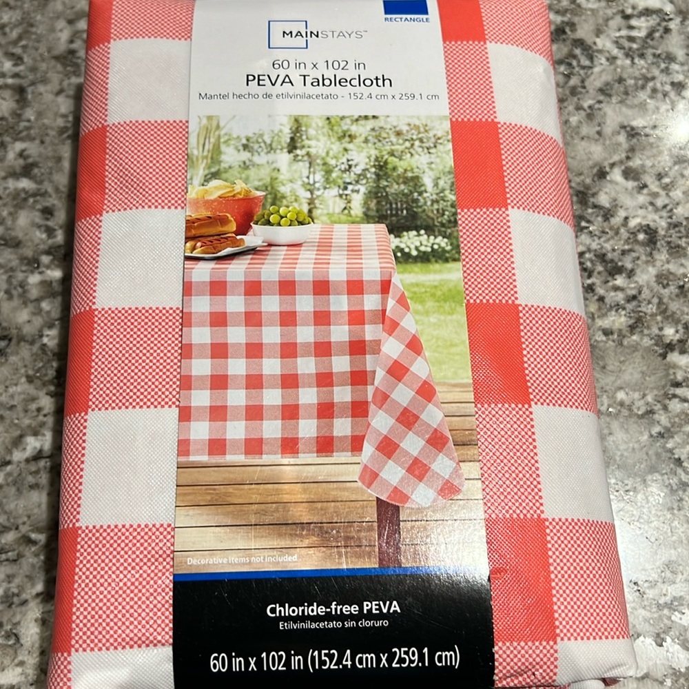 Mainstays PEVA tablecloth 60” x 102” New Rectangle light red squares